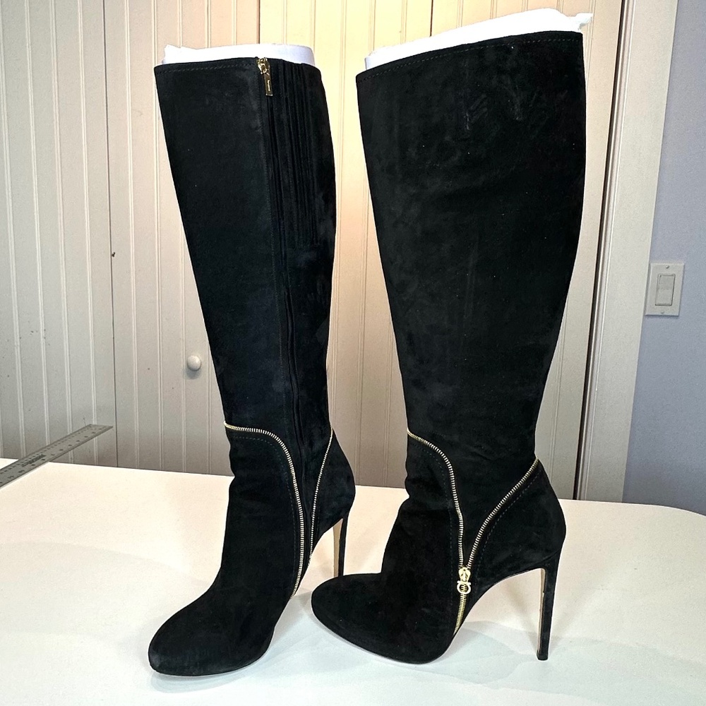 Salvatore Ferragamo Black Suede Knee-High Stiletto Boots